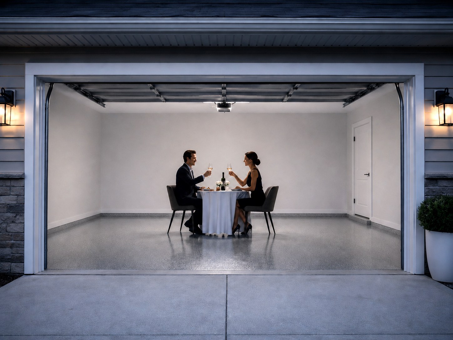 An elegant candlelit dinner set inside a garage on a high-gloss coated floor &mdash; Scheer Perfection