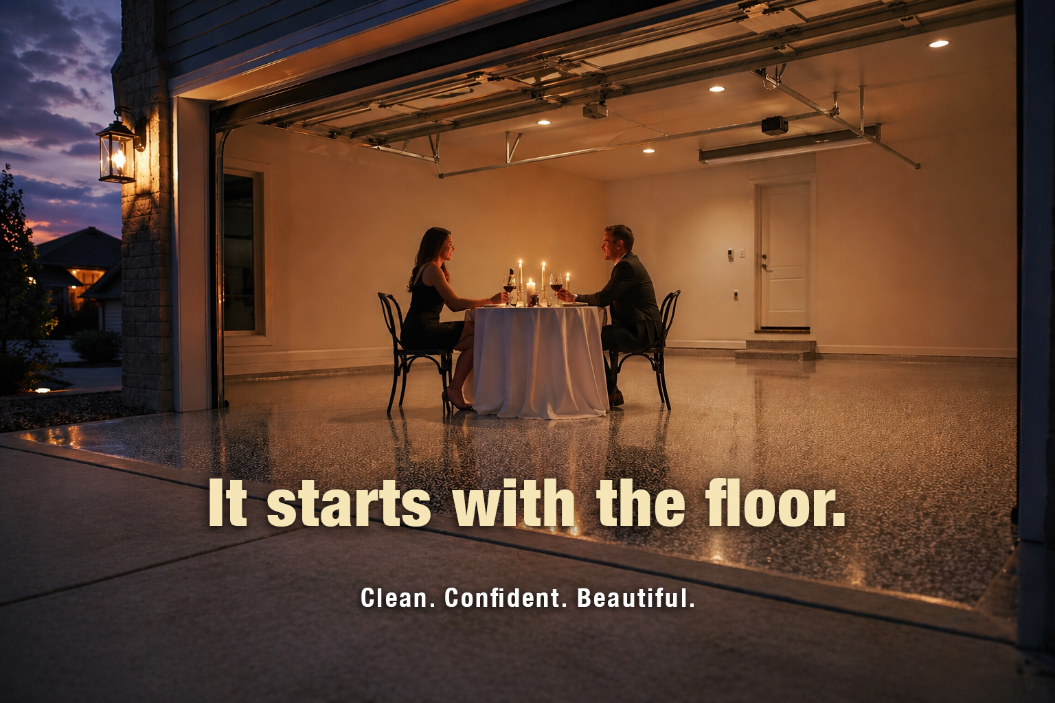 It starts with the floor — romantic dinner setting in coated garage