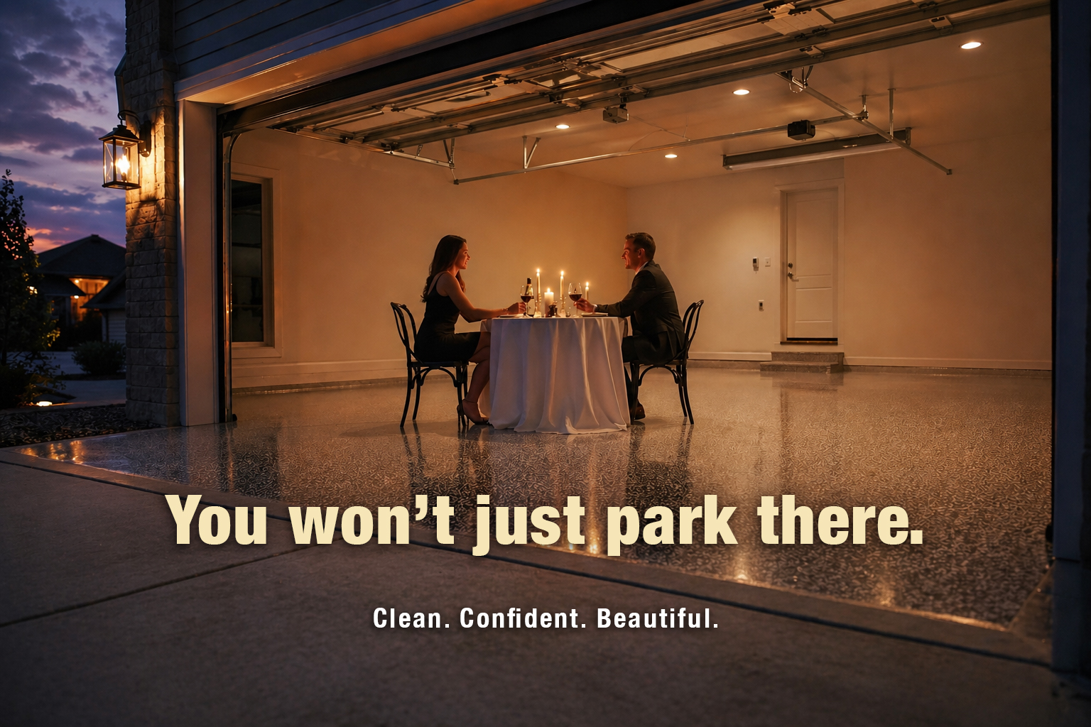 You won't just park there — couple dining in transformed garage space