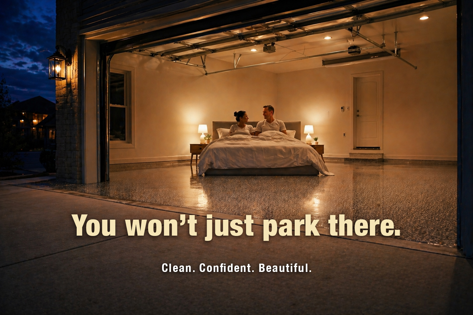 You won't just park there — bedroom-styled coated garage at night