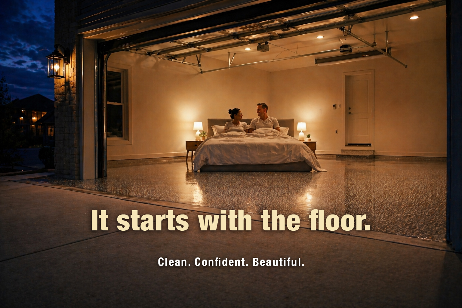 It starts with the floor — cozy garage living space with polished floor